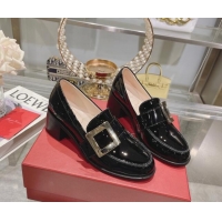 Perfect Roger Vivier Viv' Rangers Metal Buckle Loafers 4.5cm in Patent Leather Black 218123