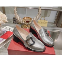 Duplicate Roger Vivier Viv' Rangers Metal Buckle Loafers 4.5cm in Shiny Leather Silver 1218124