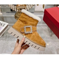 Buy Luxury Roger Vivier Viv' Winter Fur Strass Buckle Ankle Boots in Suede Yellow 218128