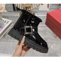 1:1 aaaaa Roger Vivier Viv' Winter Fur Metal Buckle Ankle Boots in Patent Leather Black 1218131