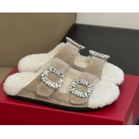 Classic Hot Roger Vivier Slidy Viv' Fur Strass Buckle Slide Sandals in Suede Beige 1218135