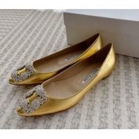 Best Product Manolo Blahnik Classic Ballerinas Flat in Metallic Leather with Crystal Buckle Yellow Gold 121082