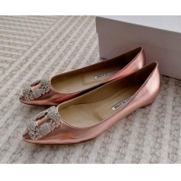 Pretty Style Manolo Blahnik Classic Ballerinas Flat in Metallic Leather with Crystal Buckle Pink 121083