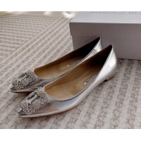 Top Design Manolo Blahnik Classic Ballerinas Flat in Metallic Leather with Crystal Buckle Silver 121084