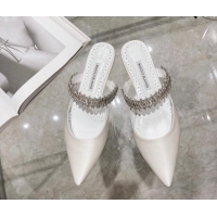 Luxurious Manolo Blahnik Lutara Satin Crystal Embellished Flat Mules White 1215114