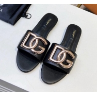 Good Quality Dolce & Gabbana Leather Flat Slide Sandals with DG Logo Black 215091