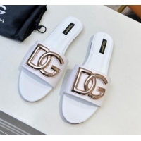 Popular Style Dolce & Gabbana Leather Flat Slide Sandals with DG Logo White 1215093