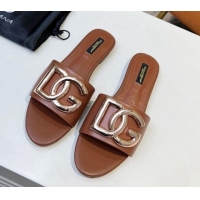 Best Quality Dolce & Gabbana Leather Flat Slide Sandals with DG Logo Brown 215095