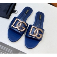 Good Looking Dolce & Gabbana Leather Flat Slide Sandals with DG Logo Royal Blue 215096