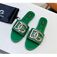 Best Product Dolce & Gabbana Leather Flat Slide Sandals with DG Logo Green 1215097