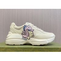 Good Taste Gucci Rhyton 2024s Chinese New Year Sneaker in White Leather Pink Dragon 105093