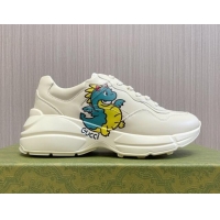 Unique Style Gucci Rhyton 2024s Chinese New Year Sneaker in White Leather Green Dragon 105094