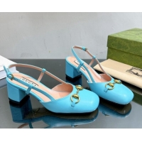 Perfect Gucci Leather Horsebit Slingback Pumps 771601 Light Blue