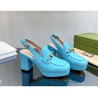 Most Popular Gucci Leather Horsebit Slingback Pumps 8.5cm 771566 Light Blue