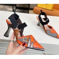 Durable Fendi Colibri Slingback Pumps 8.5cm in Orange Leather and Canvas with Studs 0106073