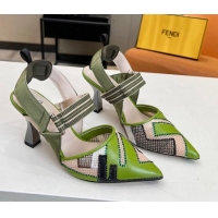 Charming Fendi Colibri Slingback Pumps 8.5cm in Green Leather and Canvas with Studs 0106074