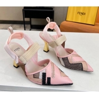 Good Quality Fendi Colibri Slingback Pumps 8.5cm in Leather and Canvas with Studs Light Pink 0106075