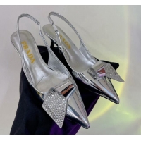 Top Grade Prada Glazed Leather Slingbacks Pumps with Crystals Charm 2.5cm/5.5cm Silver 0104094