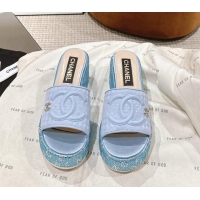 Perfect Chanel Tweed & Crystals Platform Slide Sandals Light Blue 108001