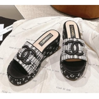 Good Product Chanel Tweed & Crystals Platform Slide Sandals Black1/White 108003