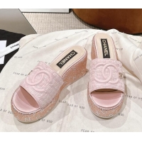 Luxury Chanel Tweed & Crystals Platform Slide Sandals Light Pink 108007