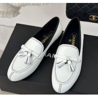 Low Cost Chanel Calfskin Loafers with Fringe White 108009