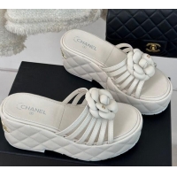 Top Design Chanel Lambskin Camellia Bloom Platform Slide Sandals White 108014