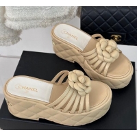 Grade Quality Chanel Lambskin Camellia Bloom Platform Slide Sandals Beige 108015