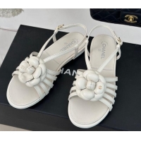 Luxurious Chanel Lambskin Camellia Bloom Flat Slingback Sandals White 108017