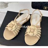 Low Price Chanel Lambskin Camellia Bloom Flat Slingback Sandals Beige 108018