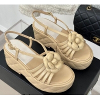 Top Grade Chanel Lambskin Camellia Bloom Platform Slingback Sandals Beige 108020