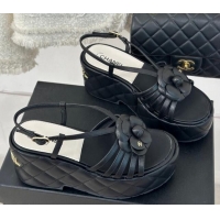 Best Product Chanel Lambskin Camellia Bloom Platform Slingback Sandals Black 108021