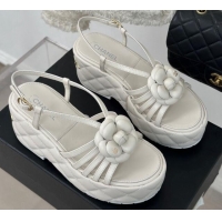 Low Price Chanel Lambskin Camellia Bloom Platform Slingback Sandals White 108022