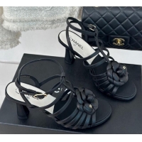 Good Looking Chanel Lambskin Camellia Bloom Heel Sandals Black 108025