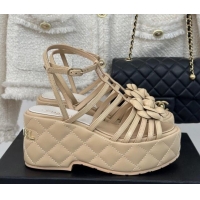 Purchase Chanel Lambskin Leather Camellia Bloom Platform Sandals Beige 108024