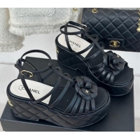 Top Design Chanel Lambskin Leather Camellia Bloom Platform Sandals Black 108027