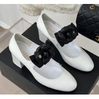 Good Quality Chanel Lambskin Mary Janes Pumps 5cm with Camellia Bow White 108029