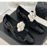 Popular Style Chanel Patent Calfskin Mary Janes Pumps 5cm with Camellia Bow Black 108030