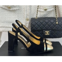 Grade Quality Chanel Suede & Metallic Calfskin Slingback Pumps Black/Gold 108032