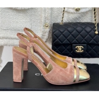 Good Product Chanel Suede & Metallic Calfskin Slingback Pumps Pink/Gold 108036