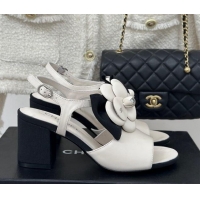 Luxury Chanel Lambskin Camellia Bloom Heel Sandals White 108039