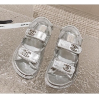 Charming Chanel Metallic Leather Strap Flat Sandals Silver 108048