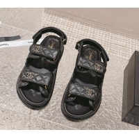 Stylish Chanel Grained Calfskin Strap Flat Sandals with Chain CC Black/Gold 108054