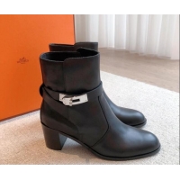 Shop Duplicate Hermes Frenchie Heel Ankle Boots 5cm in Calfskin Black 103142