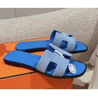 Good Quality Hermes Classic Oran Flat Slide Sandals in Suede Blue 104003