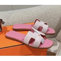 Best Product Hermes Classic Oran Flat Slide Sandals in Suede Pink 104004