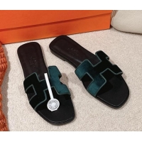 Grade Quality Hermes Classic Oran Flat Slide Sandals in Velvet Dark Green 104007