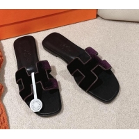 Best Grade Hermes Classic Oran Flat Slide Sandals in Velvet Purple 0104008