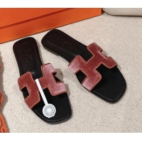 Pretty Style Hermes Classic Oran Flat Slide Sandals in Velvet Rose Wood Pink 0104009