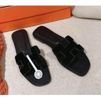 Best Product Hermes Classic Oran Flat Slide Sandals in Velvet Black 0104010